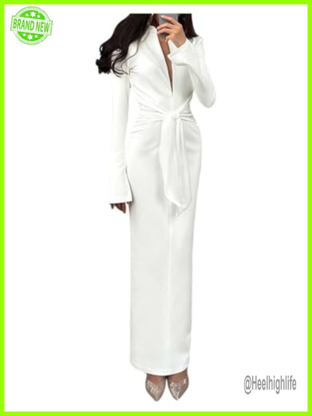 Women's Deep V Neck Collared Bodycon Maxi Dress Long Sleeve Formal